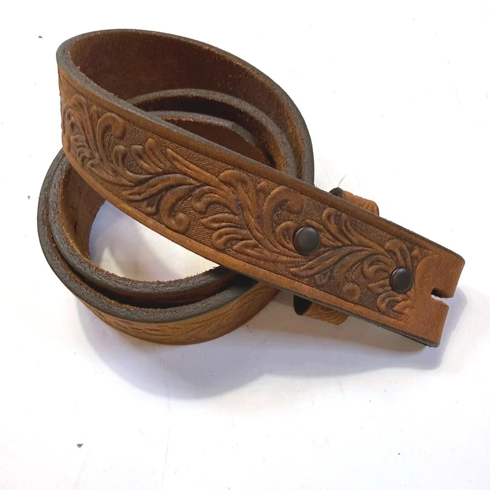 Justin Brown Tooled Leather Western Belt Strap Floral Made in USA C30219 Size 26